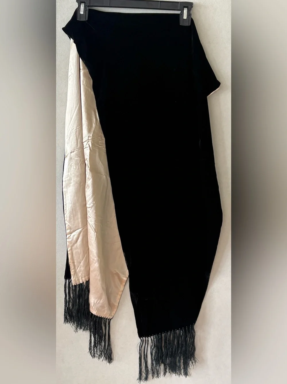 Gorgeous black velvet with cream satin underside fringe shaw wrap.